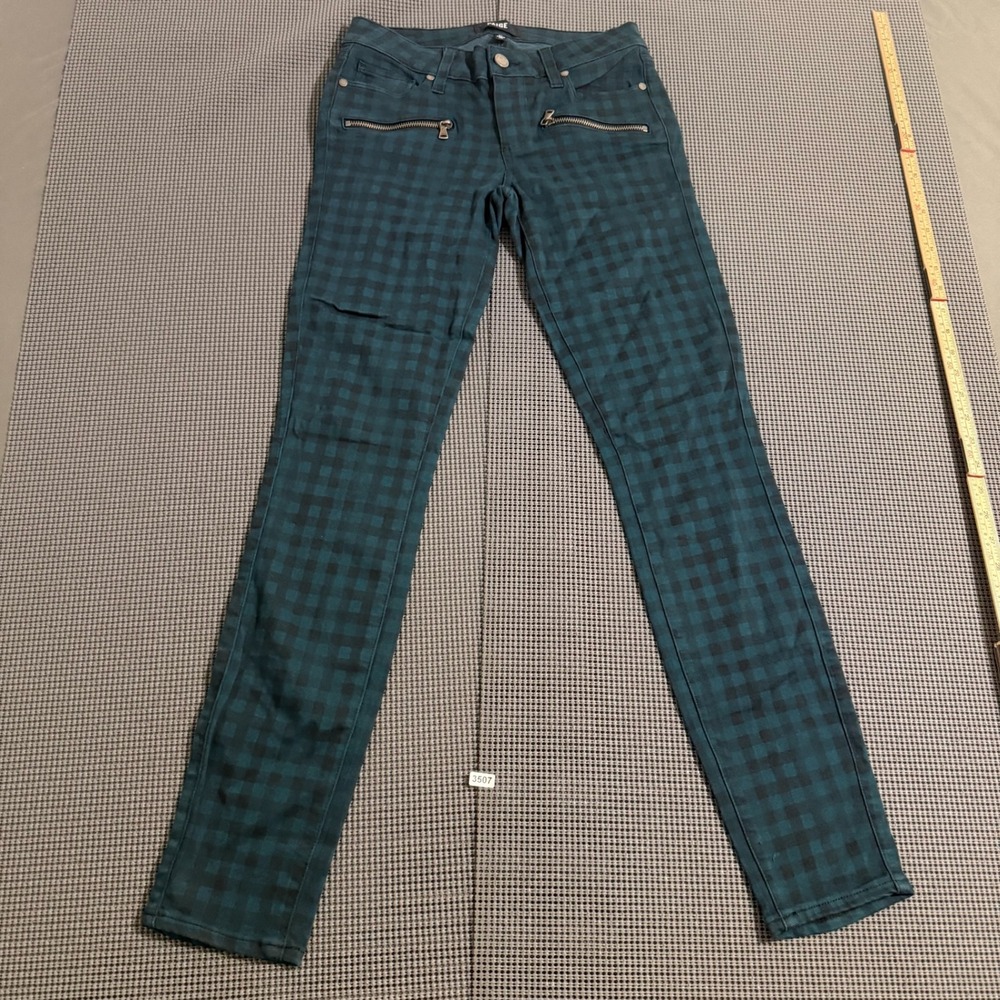 Paige Womens Teal Black Buffalo Plaid Skinny Pants Size 27 Zipper Detail